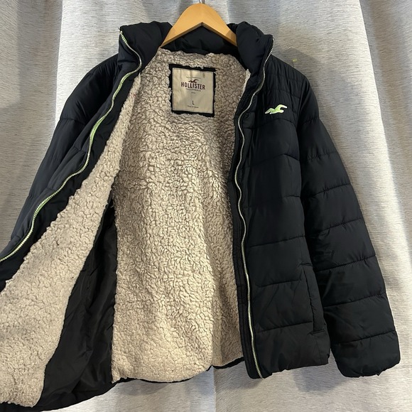 HOLLISTER Hooded Sherpa Lined Puffer Jacket Coat Black Large‎ - Picture 4 of 6